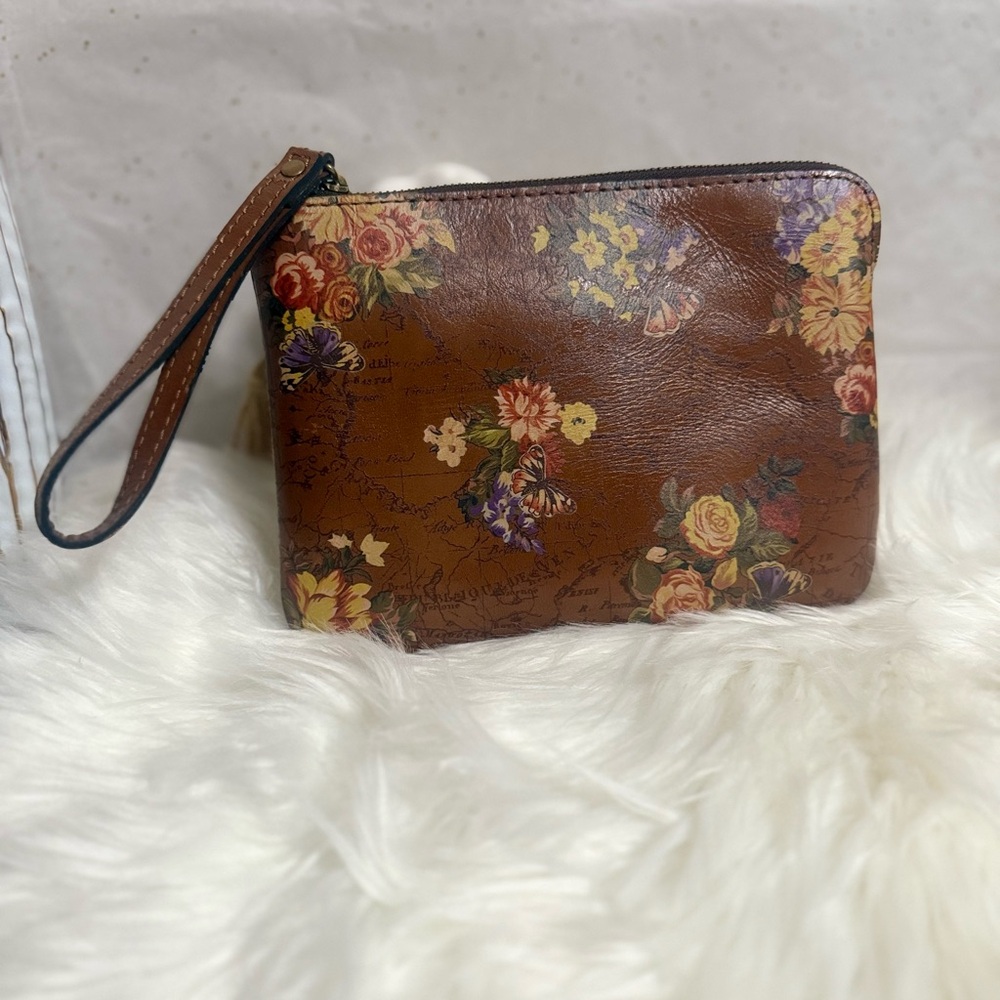 Patricia Nash Brown Floral Leather Clutch Wristlet